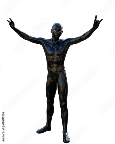 one young man in a super suit made of latex. Full black color. He stands with legs wide apart. Hands it shows a sign of peace