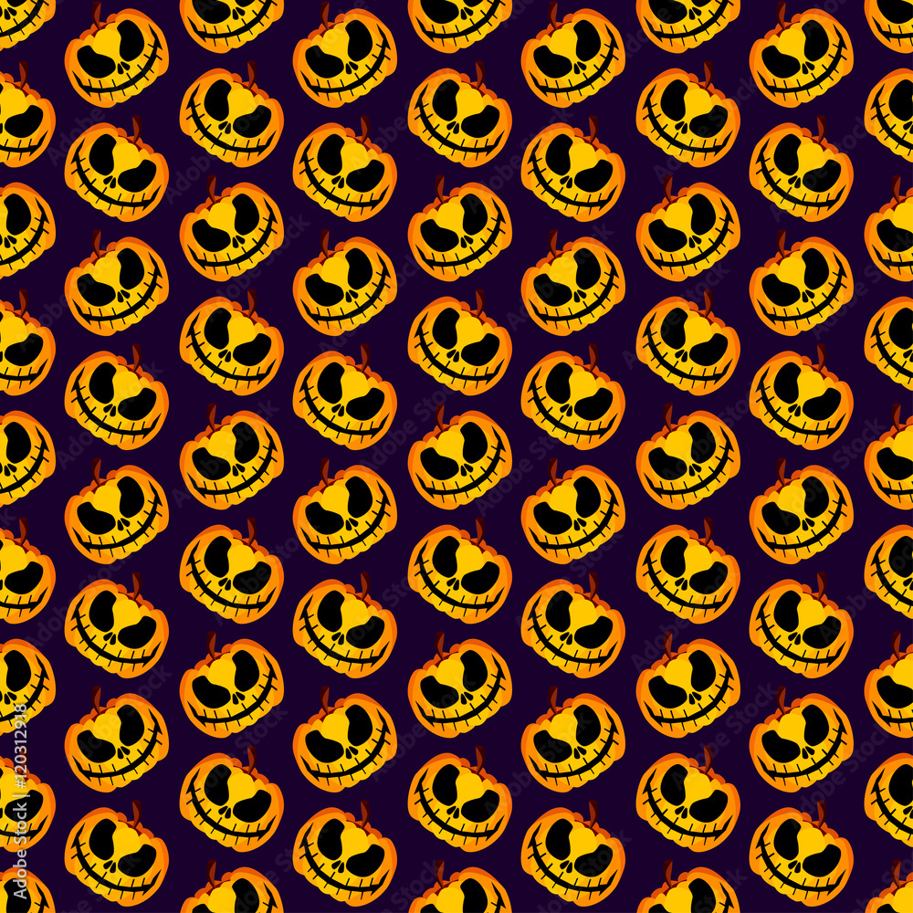 Isolated Vector Yellow Orange Festive Scary and Spooky Halloween Pumpkin on Purple Background, Holiday Seamless Halloween Pattern Isolated Vector Yellow Orange Festive Scary and Spooky Halloween Pumpkin on Purple Background, Holiday Seamless Halloween Pattern