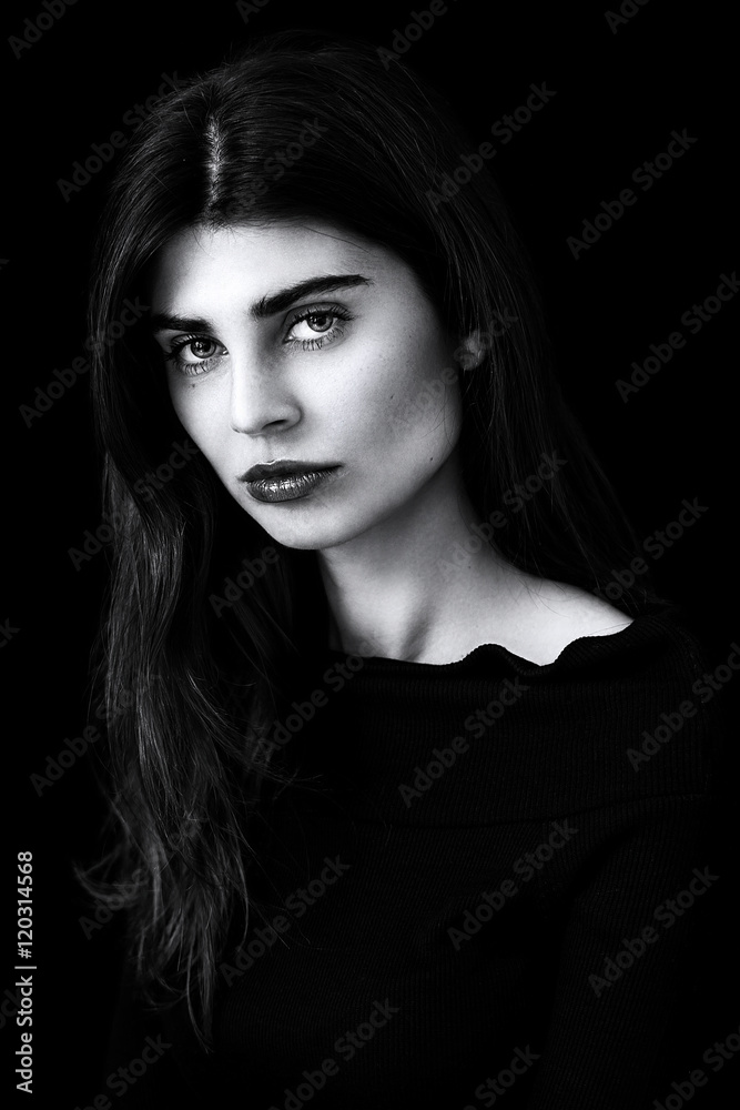 Beautiful woman with gorgeous eyes black and white portrait