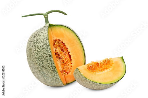 cantaloupe melon slices isolated on white background