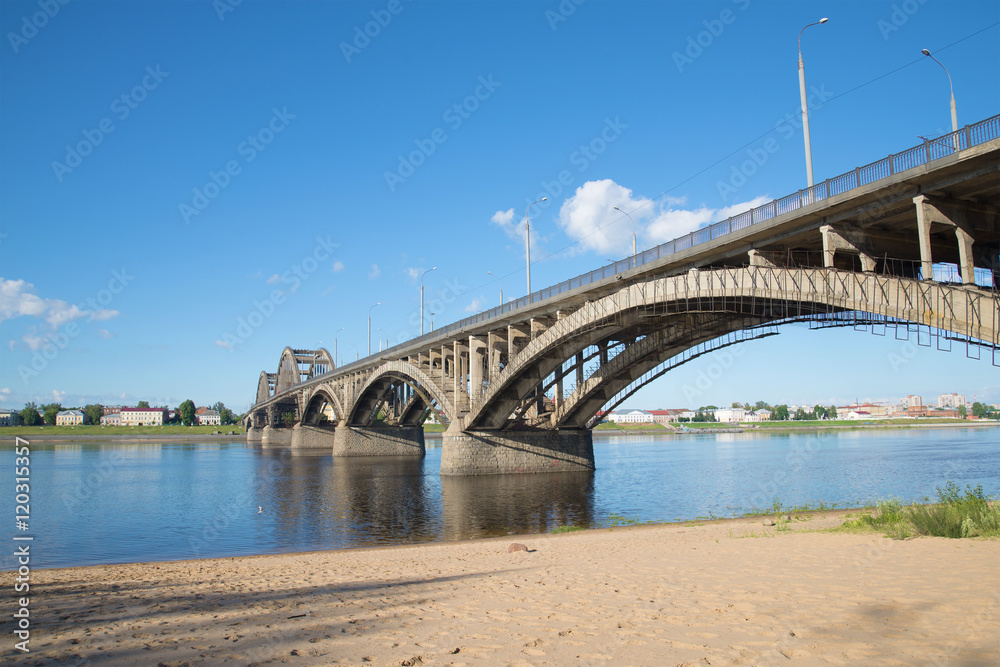 The road bridge in Rybinsk, sunny day in july. View from the left bank of the Volga river