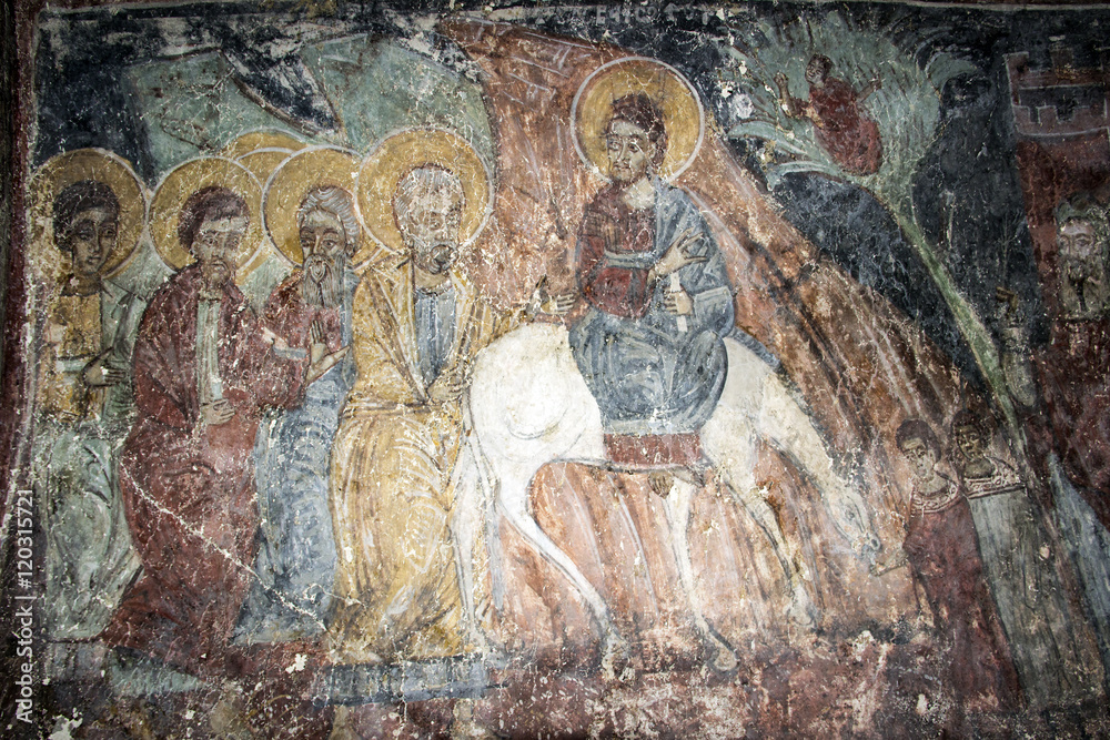 Preserved fragments of the original frescoes in the medieval Orthodox monastery Podlastva (14th century), Montenegro, Europe