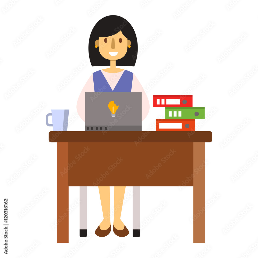 Busy young business woman working at desk typing laptop vector. Woman working computer and young woman working. Office technology woman working at desk typing laptop worker communication table. Busy young business woman working at desk typing laptop vector. Woman working computer and young woman working. Office technology woman working at desk typing laptop worker communication table.
