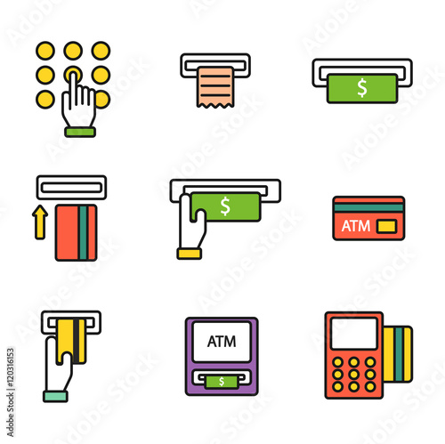 Finance atm and business vector payment card icon set. ATM icons exchange technology payment machine. Finance cash bank card atm icons credit sign banking currency symbol set.
