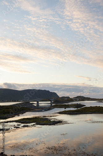 Fototapeta Naklejka Na Ścianę i Meble -  Twin bridge leading to Fredvang village, Lofoten islands, at sun