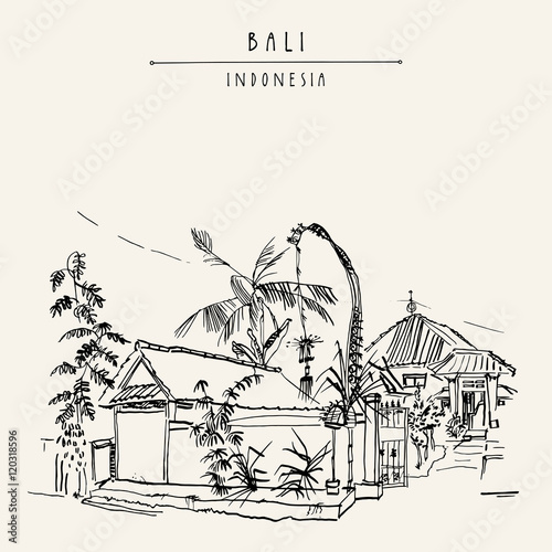 Street in Jimbaran, Bali, Indonesia, Asia. Traditional Balinese house decorated with a penjor for Galungan holiday celebration. Hand drawing. Travel sketch. Handdrawn postcard or poster photo