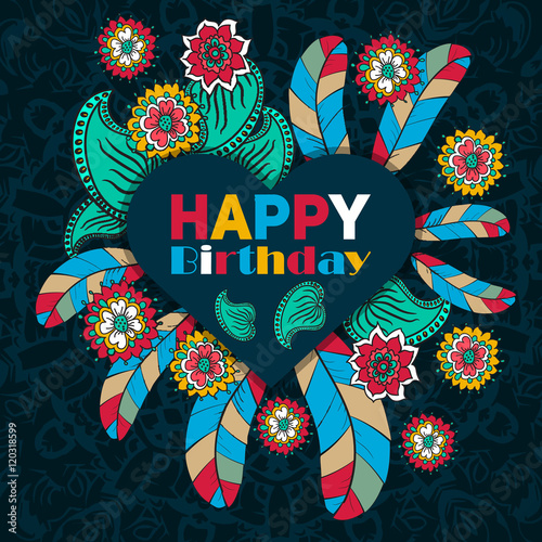 Vector heart frame, wreath made of flowers and feathers.  Spring elements. Floral doodles wreath. happy birthday card
