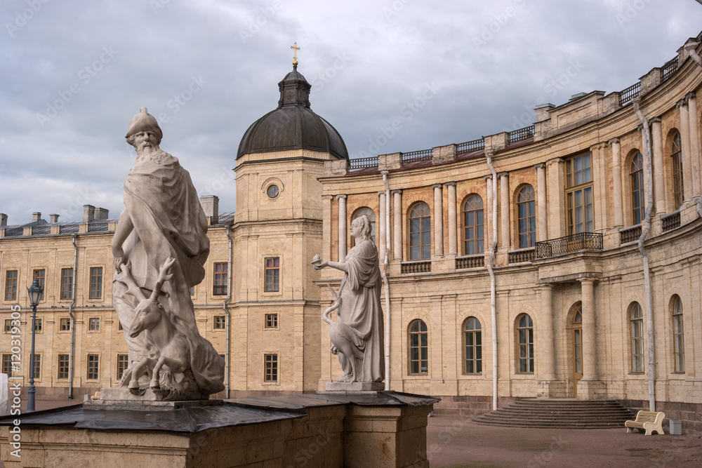 Gatchina Palace. Sculptures at the main entrance and a lookout tower.