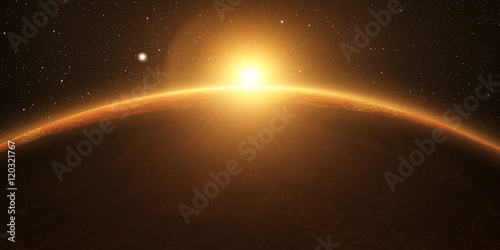 Fototapeta Naklejka Na Ścianę i Meble -  Venus. Cinematic and very realistic sunrise seen from space on venus, 3d rendering.