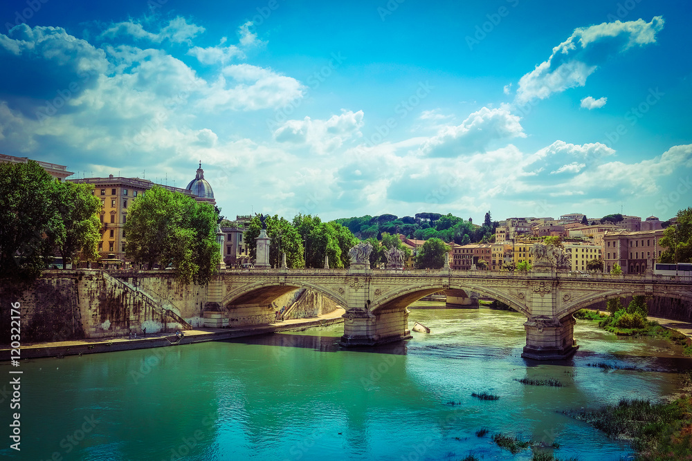 Roma, Italy - August, 7, 2016: Bridge Ponte, Sant'Angelo from Tiber in Roma, Italy