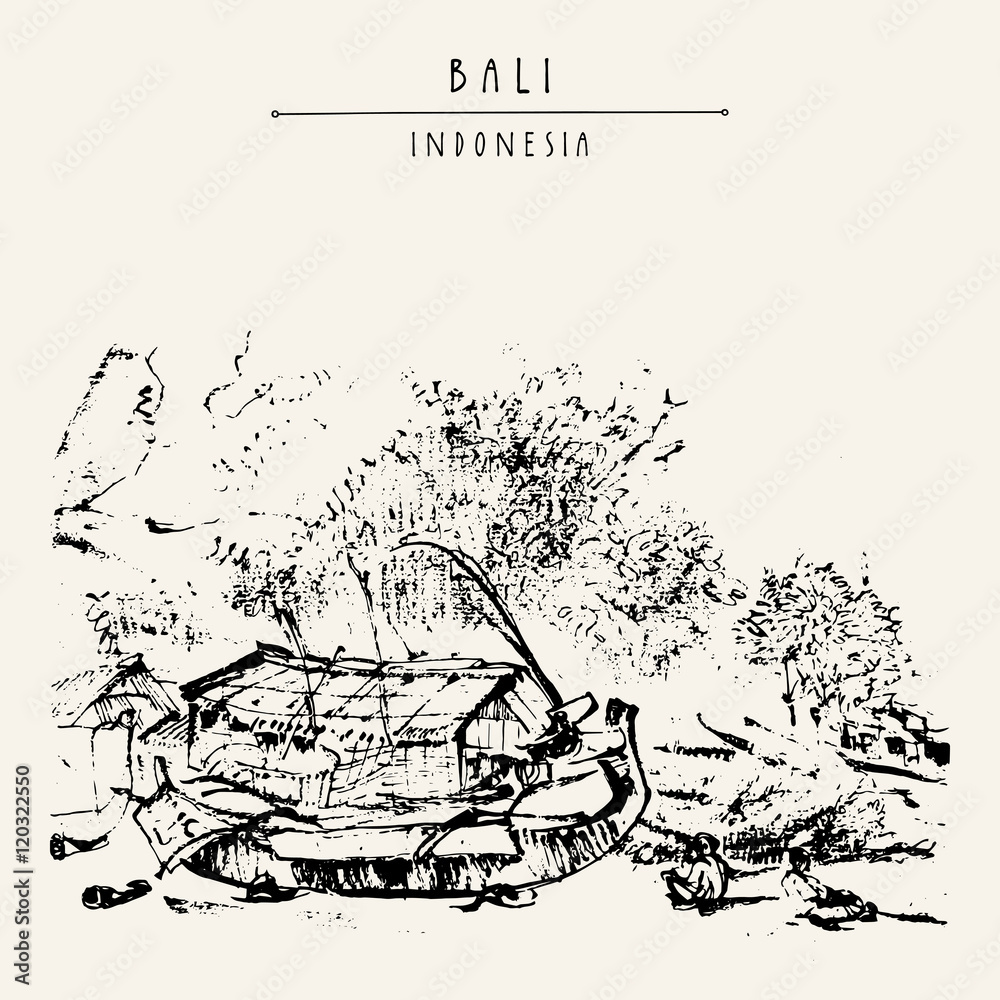 Obraz premium Wooden fisherman boat at Jimbaran beach, Bali, Indonesia, Asia. Sandy beach. Hand drawing. Travel sketch. Book illustration, postcard or poster template