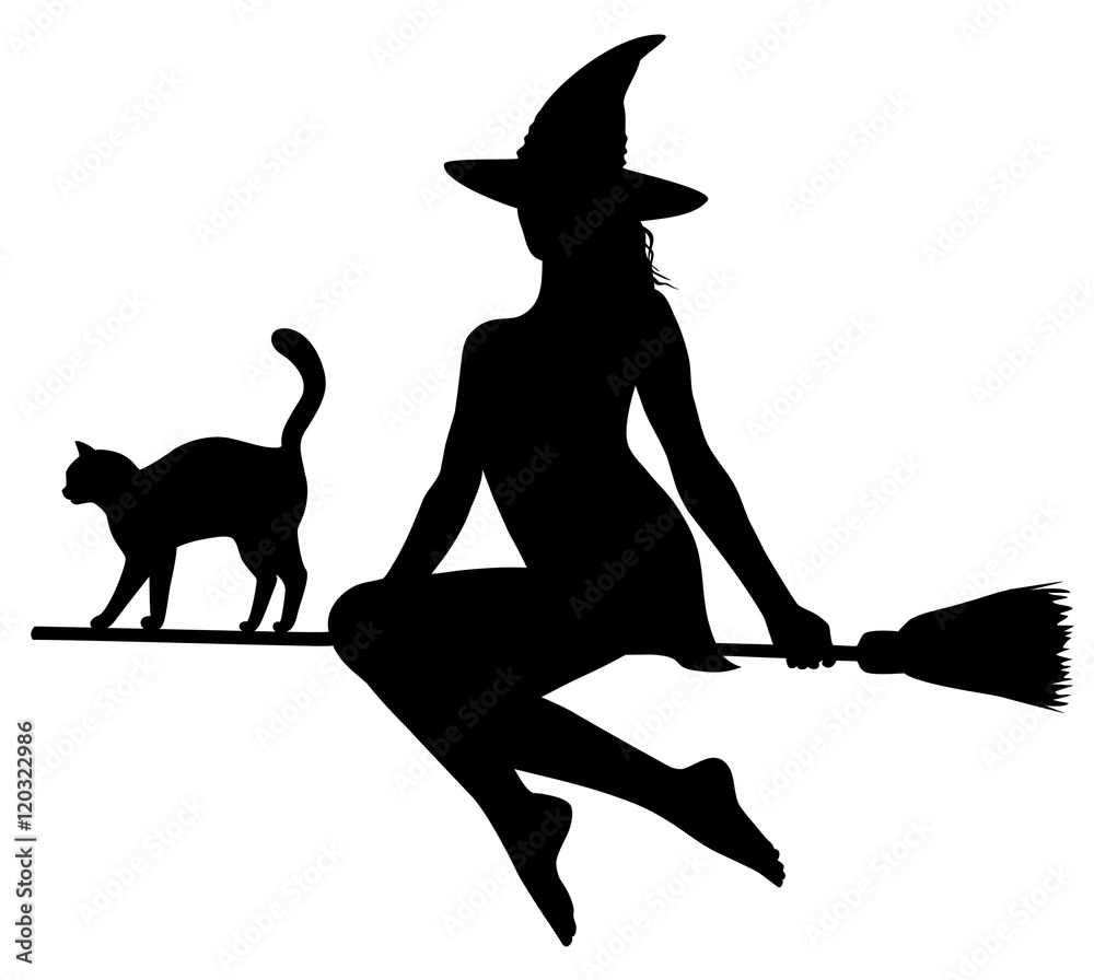 Black silhouette of witch and cat on broomstick. Stock Vector | Adobe Stock