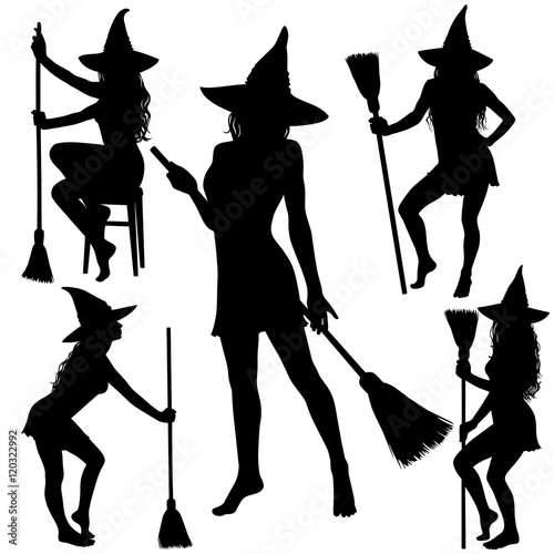 Silhouettes of Halloween witch standing with broomstick.