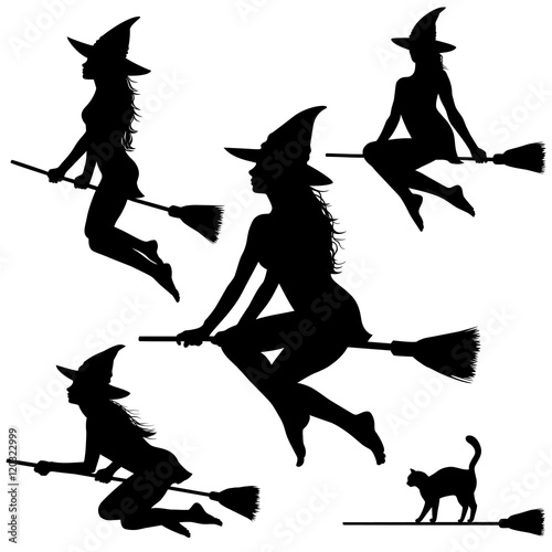 Silhouettes of young witch on broomstick.