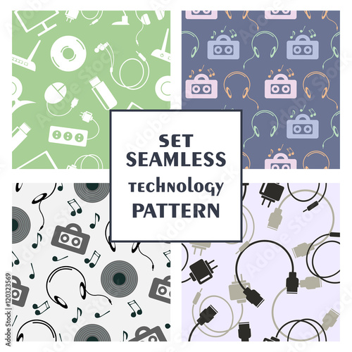 Set of seamless technology vector patterns  with colorful icons of PC  monitor  headphones  disc  router  battery  USB flash drive  web camera  microphone. Series of sets of vector seamless patterns.