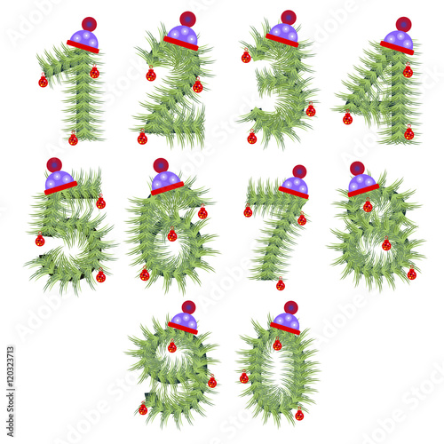 Vector set of holiday font. Winter alphabet numeral. Green stylized fir-tree figure with Christmas decorations, cap. Series of Letters, Numbers and Symbols. New Year collection.
