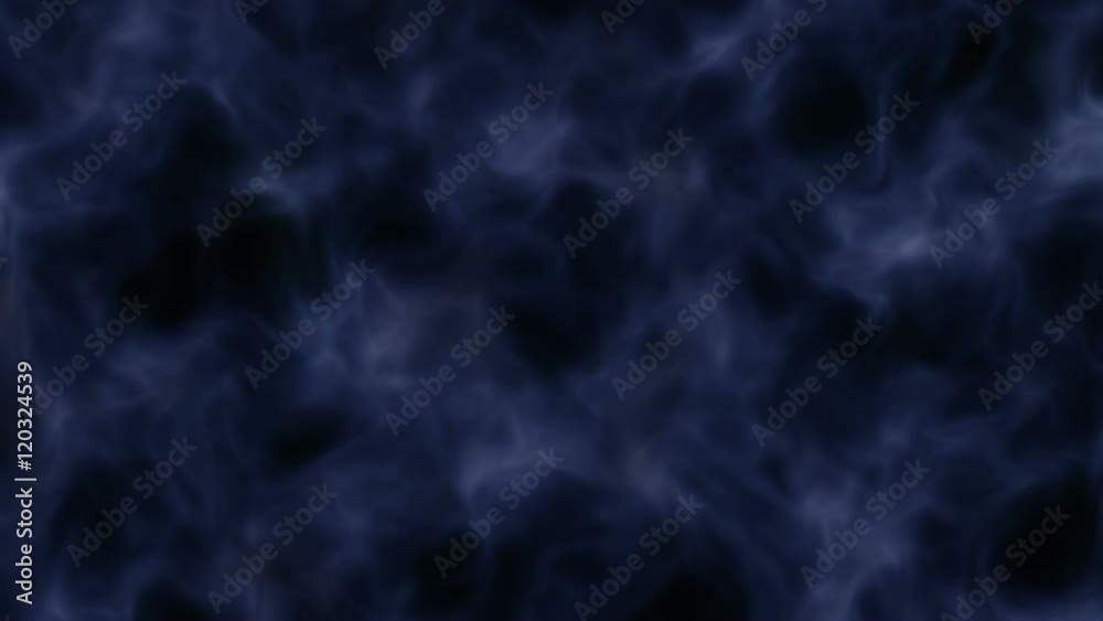 Abstract motion background. Blue and black loppable background with smoke clouds and rays of light. 
