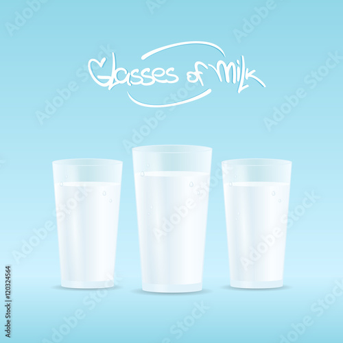 Vector illustration: Three glasses of milk on a blue background