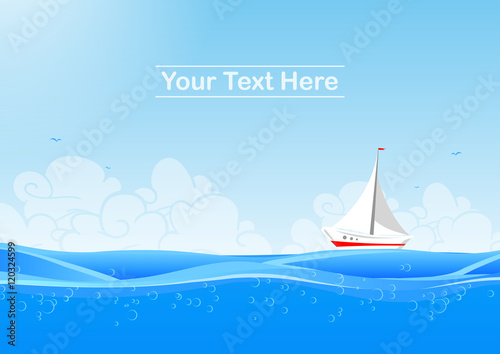 Vector illustration: Marine background with yacht and clouds