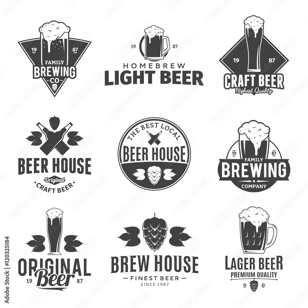Vector black and white beer logo, icons and design elements