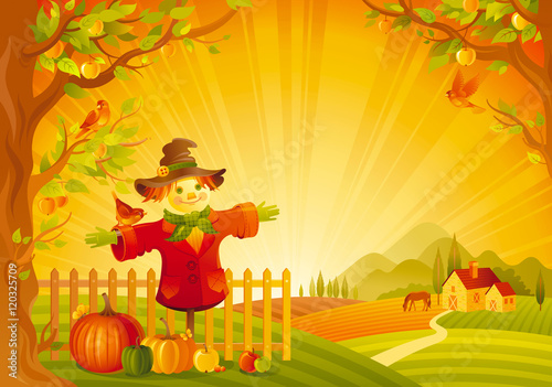 Vector illustration of beautiful autumn landscape on sunset background  modern style  elegant text lettering  copy space. Countryside fall farm thanksgiving symbol - scarecrow  pumpkin  apple tree