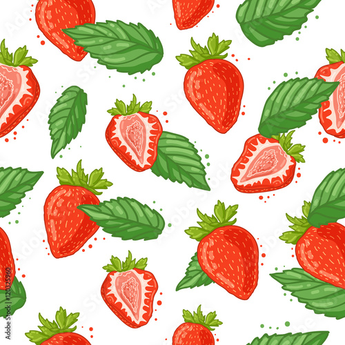 Fototapeta Naklejka Na Ścianę i Meble -  Seamless pattern with decoration of fresh berry, strawberry slices and mint. The background to the Ingredients for summer juice, smoothie. Vegetarian wallpaper. Vector.