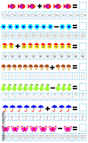 Exercises for children - need to solve examples and paint the corresponding number of objects. Developing skills for counting and coloring. Vector image.