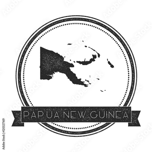 Retro distressed badge featuring a map of Papua New Guinea with a country name banner. A hipster round rubber stamp design.