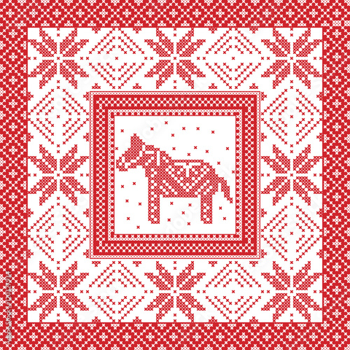 Scandinavian style and Nordic culture inspired Christmas and festive winter square pattern in cross stitch style with Swedish style Dala horse, snowflake, star and  decorative ornaments in red, white 