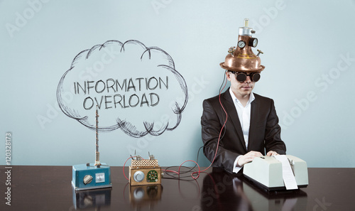 Cloud information overload text with vintage businessman at office
