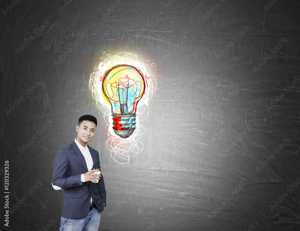Asian man with coffee and light bulb sketch Asian man with coffee and light bulb sketch