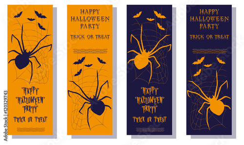 Set of Halloween tickets or flyers on holiday party with scary spider, and monster bats isolated on white background. Cartoon style. Vector illustration