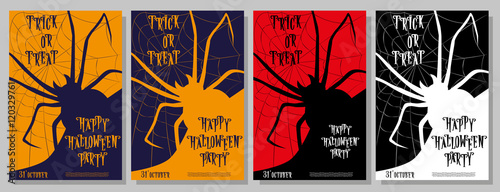 Set of Halloween flyers on holiday party. Trick or treat with monster spider on web. Letters in retro cartoon style. Vector illustration