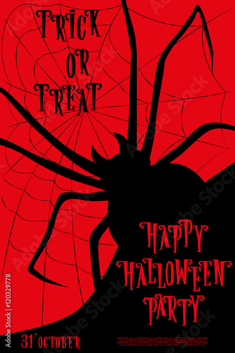 Halloween background on holiday party trick or treat with monster spider on web. Letters in retro cartoon style. Vector illustration