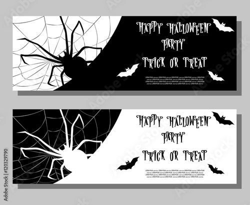 Set of Halloween flyers on holiday party with scary spider, and monster bats isolated on gray background. Cartoon style. Vector illustration
