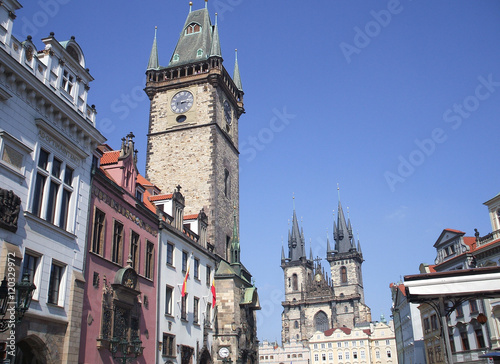 Church of Virgin Maria Before Tyn, the most remarkable Gothic church in Prague, Czech republic and Old Town Hall 