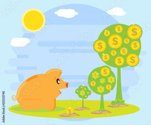 Happy pig piggy bank is sitting and watching stages of growth of a monetary tree. Investments. Creating a cash flow for profit and wealth. The love of money. Flat style