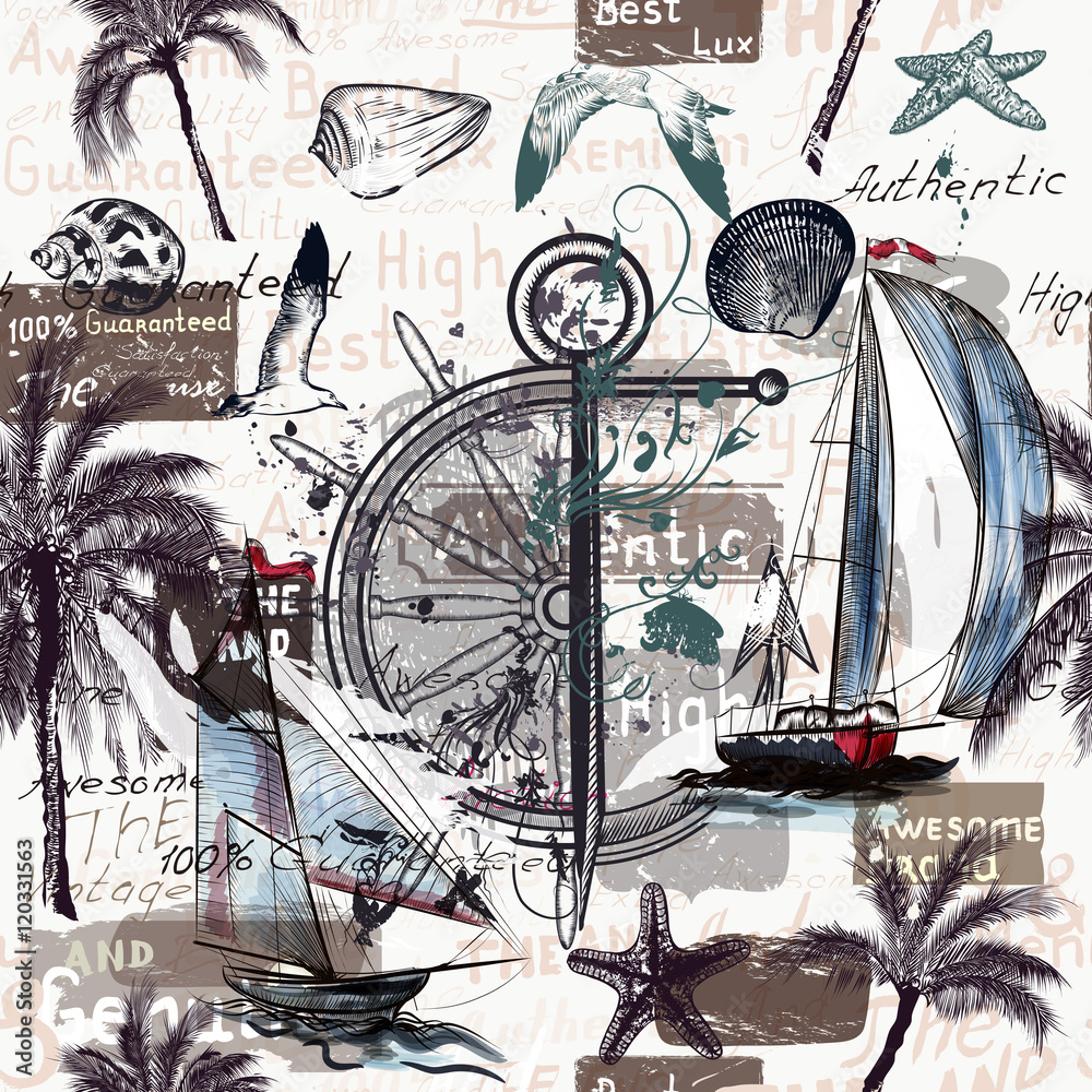 Vector wallpaper pattern with ships shells and palm trees for de Stock
