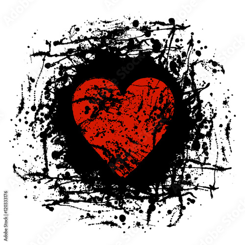 Vector black and red graphic illustration of sign of heart with ink blot, brush strokes, isolated on the white background. Series of artistic illustration with splash, blots and brush strokes.