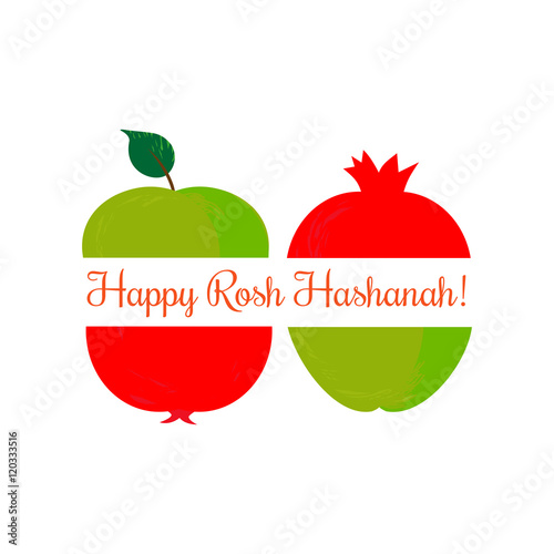 Rosh Hashanah Jewish New Year concept. Traditional holiday symbols. Cute bright apple, pomegranate. Template for greeting card. Design idea with element of happy party background. Vector illustration