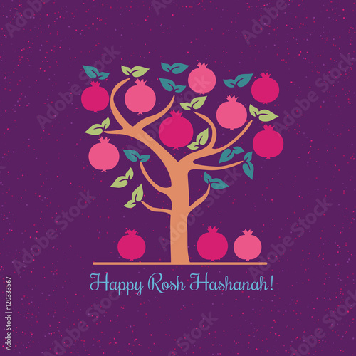 Rosh Hashanah Jewish New Year concept. Traditional holiday symbols. Cute bright apple, pomegranate. Template for greeting card. Design idea with element of happy party background. Vector illustration