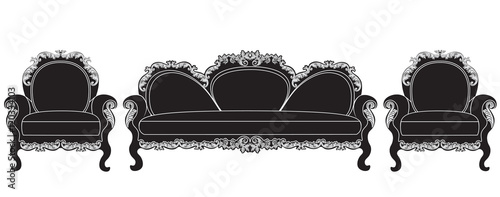 Vintage upholstered furniture set Vector. Rich carved ornaments furniture collection. Vector Victorian Style couch. Black color sketch