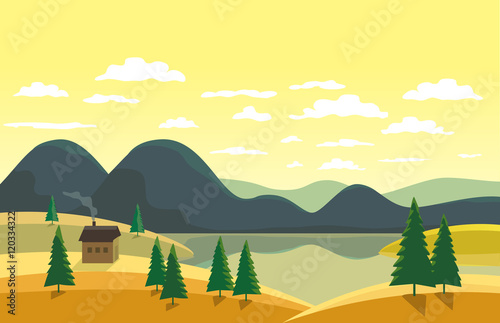 Autumn landscape. Mountain river in yellow valley. House on river bank. Lake view among hills and green pine trees. Sunny daylight scene background. Cartoon Vector Illustration