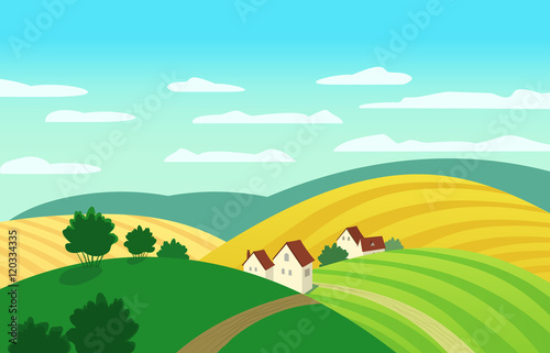 Autumn landscape. Cartoon farm houses silhouettes. Country winding road on meadows and fields. Rural community view among hills. Village countryside scene background. Vector Illustration