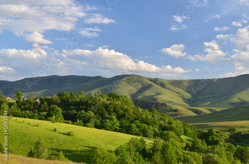 Landscape of Zlatibor Mountain. Green meadows and hills under blue sky with clouds in springtime © branislav