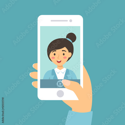 Vector illustration of a woman take a selfie picture of her self with smart phone in blue background.