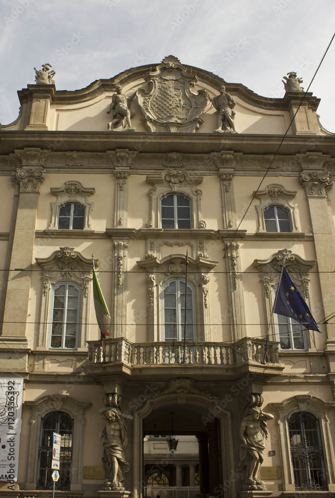 Palazzo Arese Litta in Milan, view of the main doorway with statues