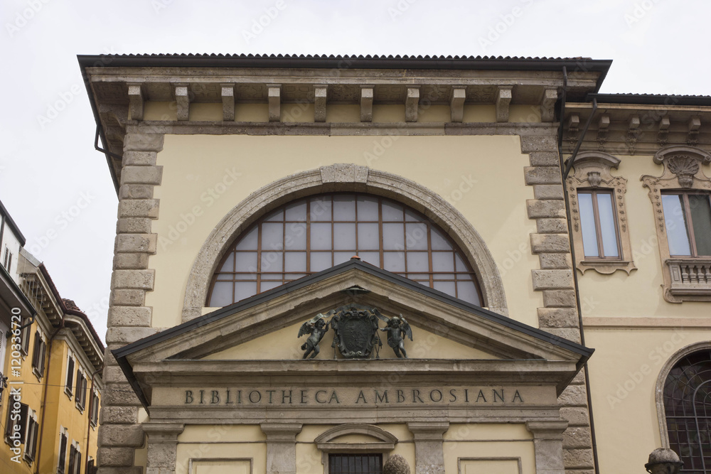 Architectural close up of Biblioteca Ambrosiana building in Milan, historic library in the city centre
