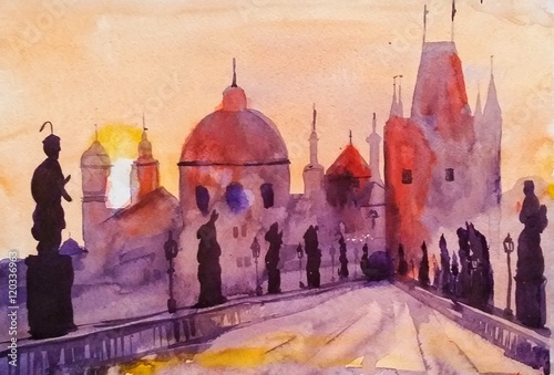 Canvas Print Prague Charles Bridge at sunset, watercolor painting, the last rays of the setti