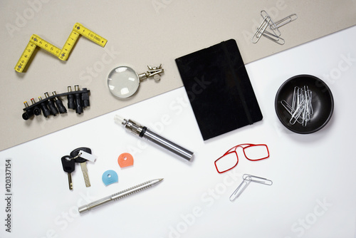 flat lay - office desk accessories